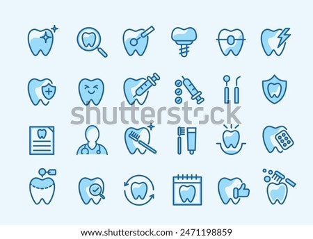 Dental icon set. containing tooth, dentist, toothpaste, toothbrush, teeth, implant and dentistry icons. can be used in children dentist clinic. medical health and dentistry concept.