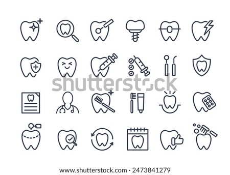 Dental icon set. containing tooth, dentist, toothpaste, toothbrush, teeth, implant and dentistry icons. can be used in children dentist clinic. medical health and dentistry concept.