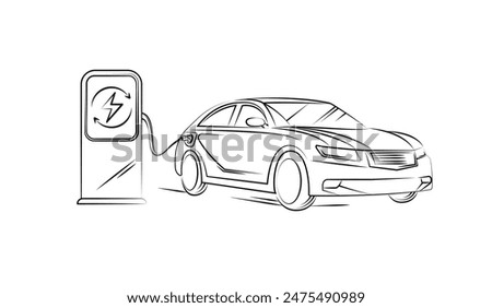 Electric car line with charging stations by sketch in concept of green. renewable energy and eco power produced from sustainable source. EV plugin station. technology electric car. vector design.