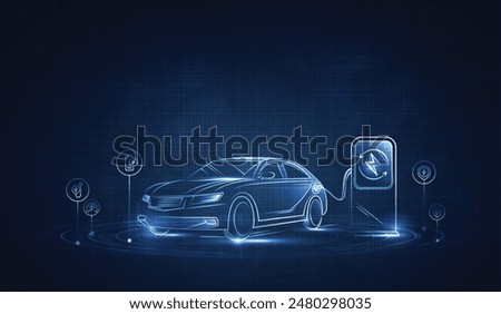 EV. Electric car connect to charging station on blue background. Eco power, EV charger, alternative energy, rechargeable battery, auto industry, future technology. vector.