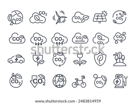 Co2, carbon line icons. contains such icons as tree planting, net zero, and reduced carbon dioxide. sustainable development. concepts and renewable energy businesses. vector design.