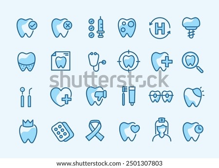 Dental icon set. containing tooth, dentist, toothpaste, toothbrush, teeth, implant and dentistry icons. can be used in children dentist clinic. medical health and dentistry concept.