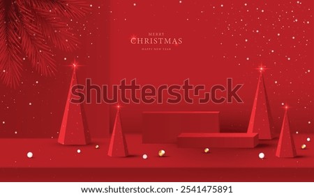 Podium shape for show cosmetic product display for christmas day or new years. Stand product showcase on red background with lighting christmas. vector design.