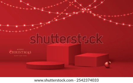 Podium shape for show cosmetic product display for christmas day or new years. Stand product showcase on red background with lighting christmas. vector design.