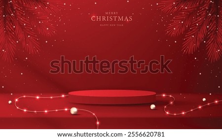 Podium shape for show cosmetic product display for christmas day or new years. Stand product showcase on red background with lighting christmas. vector design.