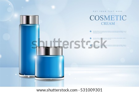 cosmetic product poster, blue bottle package design with moisturizer cream or liquid, sparkling background with glitter polka, vector design.