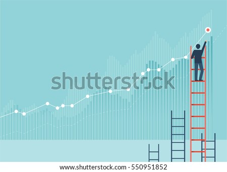 Businessmen drawing graphs on a wall, He climbed the ladder. Back view. wall background. Concept of analysis  information vector design cartoon.