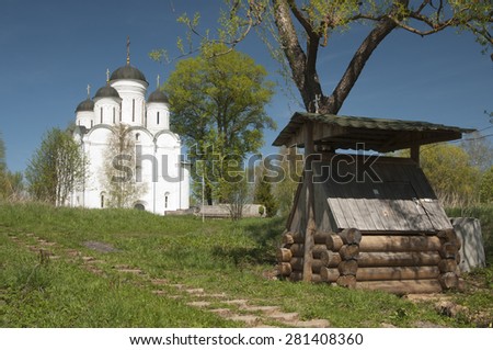 TVER OBLAST, RUSSIA, MAY 10, 2015 The Archangel Michael church in Mikulino village, the end of XIV century. Russia, Moscow region.