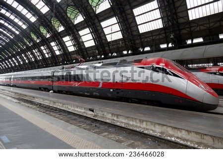 MILAN, ITALY - MAY 7, 2014: High-speed Eurostar train at the railway station in Milan