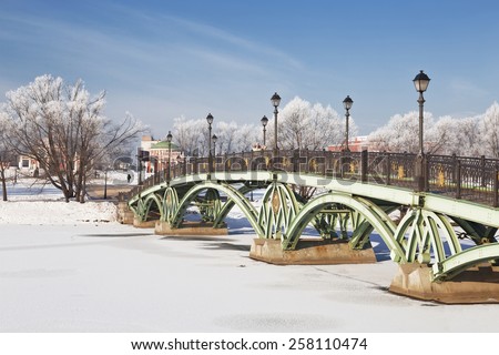 MOSCOW, RUSSIA - JANUARY 22, 2015: Bridge at the Lower pond in the park Tsaritsyno, Moscow, Russia