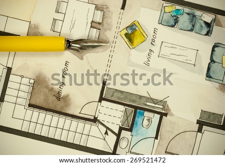 Watercolor and ink freehand sketch drawing of apartment flat floor plan with a fine nib yellow penholder, symbolizing artistic custom unique approach to real estate business branch and design process