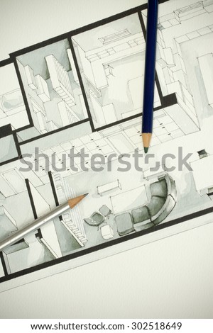 Two artistic drawing pencils set on actual floor plan architectural isometric freehand sketch conveying message for elegant simplicity in interior design process