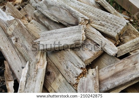 Pile of weathered wood scraps in rural Washington state, Pacific Northwest.