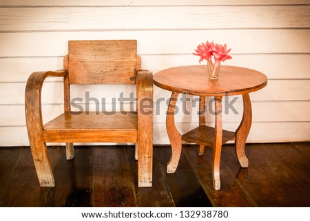 old wooden chair with wooden table at the wooden wall
