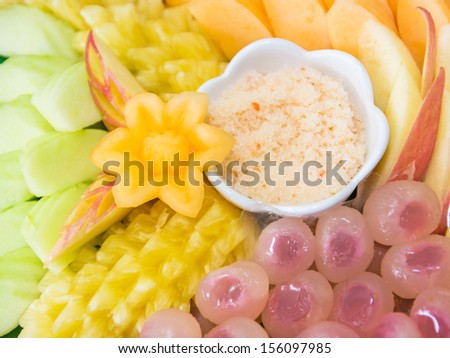 Sliced of fruit and sugar with chili, Thai fruit style