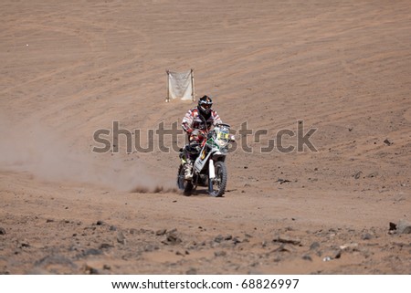 COPIAPO - JANUARY 11: Jose Manuel Pellicer from Spain  riding his bike during his participation on Rally Dakar 2011 Argentina Chile, January 11 in Copiapo Chile.