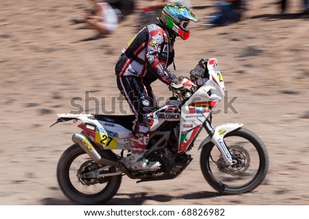 COPIAPO - JANUARY 11: Alessandro Zanotti from Ivory Coast riding his bike during his participation on Rally Dakar 2011 Argentina Chile, January 11 in Copiapo Chile.