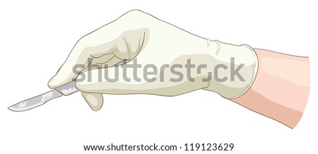 The hand holds a scalpel. Vector illustration.