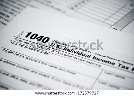 Blank income tax forms. American 1040 Individual Income Tax return form.