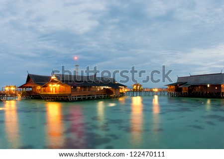 Kapalai Resort night view Turquoise Tropical Polynesian Paradise Palm Beach Ocean Sea Crystal Water Borneo Indonesia