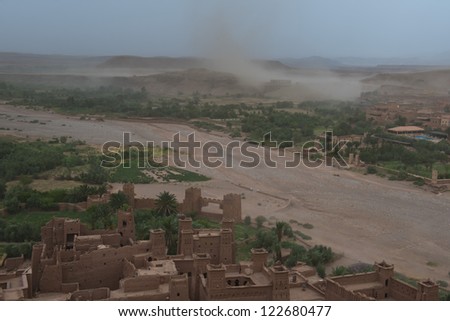 A sand storm coming to Ait Benhaddou Maroc location of gladiator movie