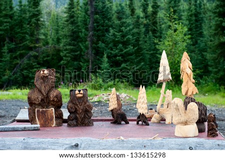 Wood Carved bears and trees in Cooper Landing Alaska