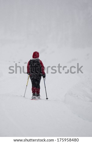 isolated snow shoe trekker covered by snow
