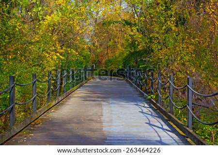 Pathway in the early autumn in Arlington, Virginia. Scenic road along Potomac River in early fall.