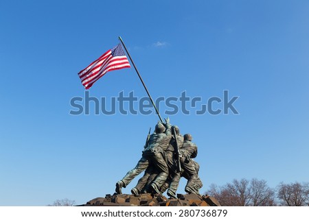 WASHINGTON DC, USA   MARCH 21, 2015: Marine Corps War Memorial at sunset on March 21, 2015 in Washington DC. The Iwo Jima Memorial located near Arlington Cemetery.