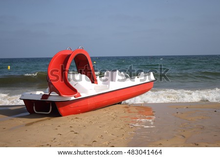 Image, Stock Photo colourful pedal boats lying on the beach of Mallorca