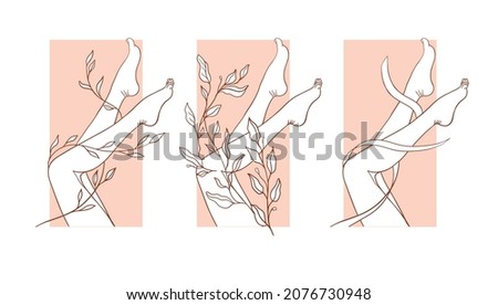 Slender female legs, line art, simple stylish icons for beauty spa, foot care and therapeutic massage. Logo pedicure. Imagine de stoc © 