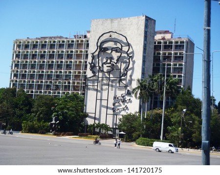HAVANA, CUBA - APRIL 23: Ministry of the Interior, featuring an iron mural of Che Guevara\'s face at the plaza de la revolution, Havana, Cuba on April 23, 2012.