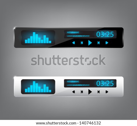Set of media player application, app with glossy style for smartphones, PC or tablets. Clean and modern design