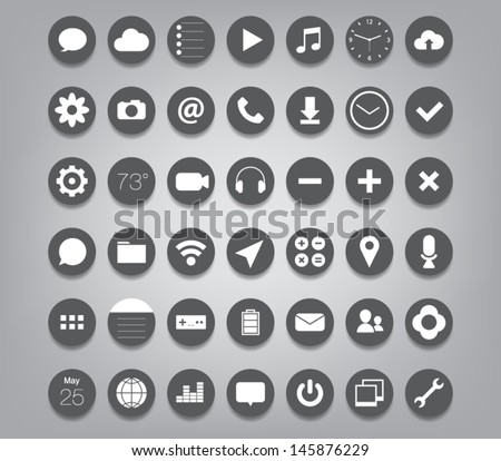 Set of buttons icons for (UI) applications or (app) for smartphones and tablets. Settings, music, media, map, photo, games, mail, clock, note, wifi, download, pictures, chat, camera, message, calendar