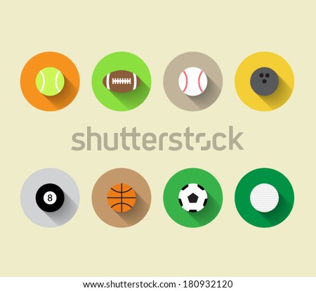 Set of vector sport ball icons with long shadow and flat design style, baseball, basketball, tennis, soccer, football, bowling, golf, pool. For websites or applications for smartphones and tablets