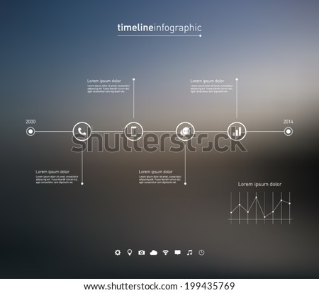 Timeline infographic with unfocused background and icons set for business design, reports, step presentation, number options, progress, workflow layout or websites. Clean and modern style