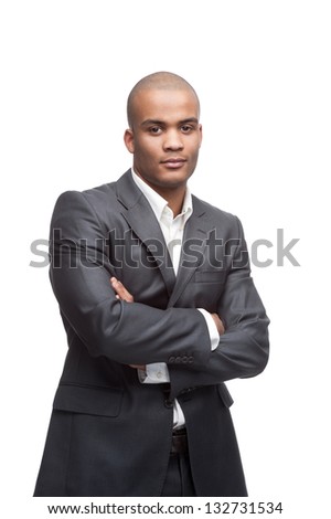 black young businessman in gray suite standing isolated on white