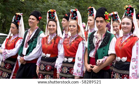 SZCZYRK, POLAND–AUGUST 1: Participants of the 47th Beskidy Highlanders Week of Culture (TKB), the biggest folk culture event in Eastern Europe, parade through the city, folk group from Bulgaria on August 1, 2010 in Szczyrk, Poland