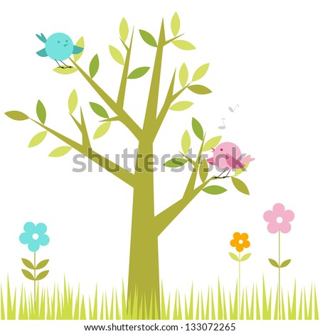 Spring Scene - Green Tree and Cute Birds Tree with cute birds sitting on branches- flowers and grass below.