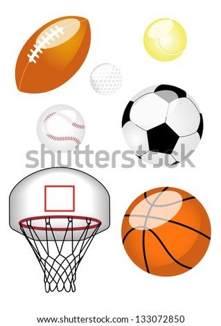 Sports Ball Set Set of six sports balls including American football, tennis ball, baseball, football, basketball, and basketball net.