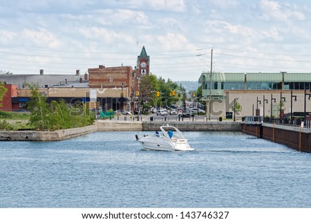 Main street and town dock at low water level in Collingwood, Ontario