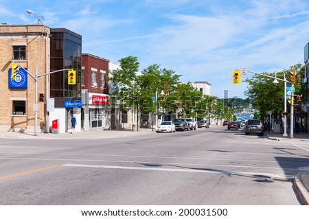 MIDLAND, ONTARIO - JUNE 20, 2014: King Street in Midland, leading to the waterfront. Midland is situated at the southern end of Georgian Bay and it is the main town of the southern Georgian Bay area.