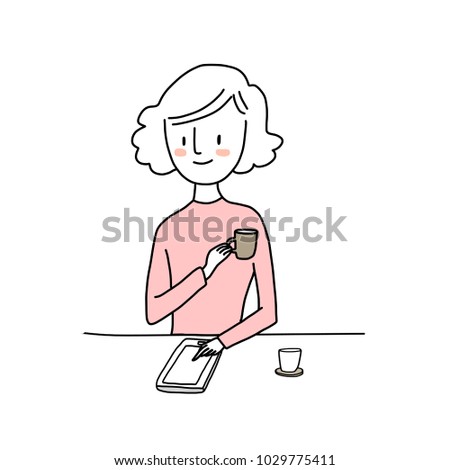 Woman lifestyle concept with cute woman holding a cup of coffee while she reading e-book from e-reader or sending text, surfing the internet on her tablet. Vector illustration with hand-drawn style.