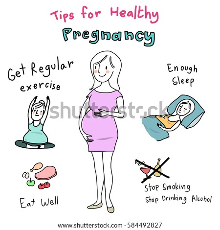 Cute pregnant woman standing with tips for her healthy pregnancy such as Eat well, Enough sleep, Stop smoking and drinking alcohol and Regular exercise as yoga for pregnant. 