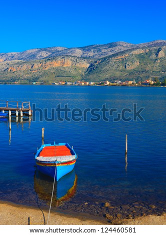 Traditional fishing boat in Greece sea lake in Aitoliko, Central Greece