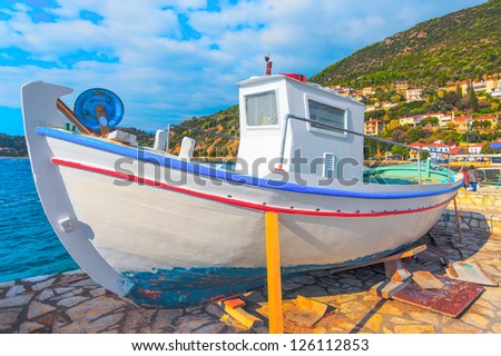 Greece Nafpaktos, traditional fishing Boats repairing , Central Greece