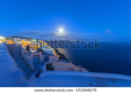Greece Santorini island in cyclades night view with moon