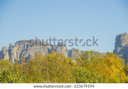 Greece landscape view of Meteora mountains at a winter sunny day