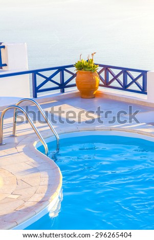 Greece Santorini island in Cyclades, traditional view from balcony