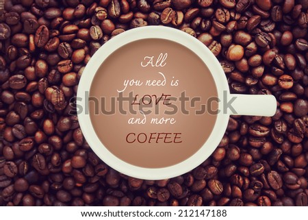 Quote on a cup of coffee photo background. Quote about coffee and love.